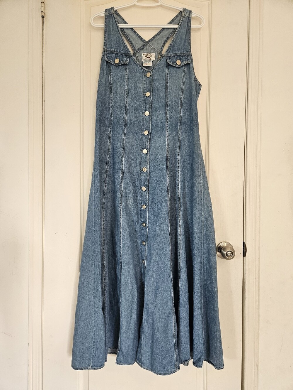 Vintage Nevada Denim Maxi Dress Button Front Prairie 90s Cottagecore - Picture 2 of 10